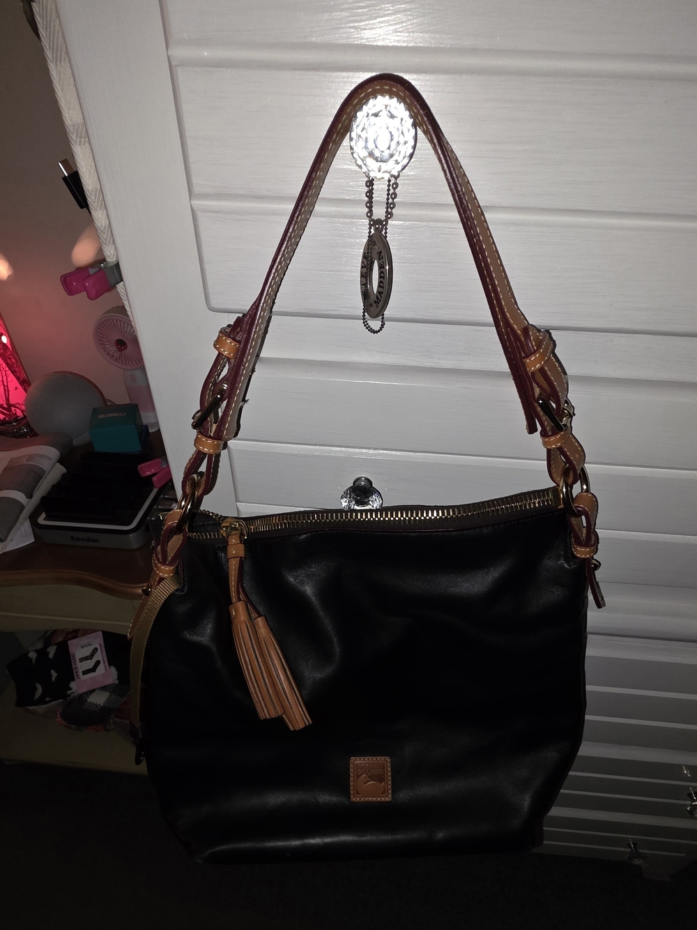 Dooney & Bourke Black Leather Shoulder Bag with Tan Trim